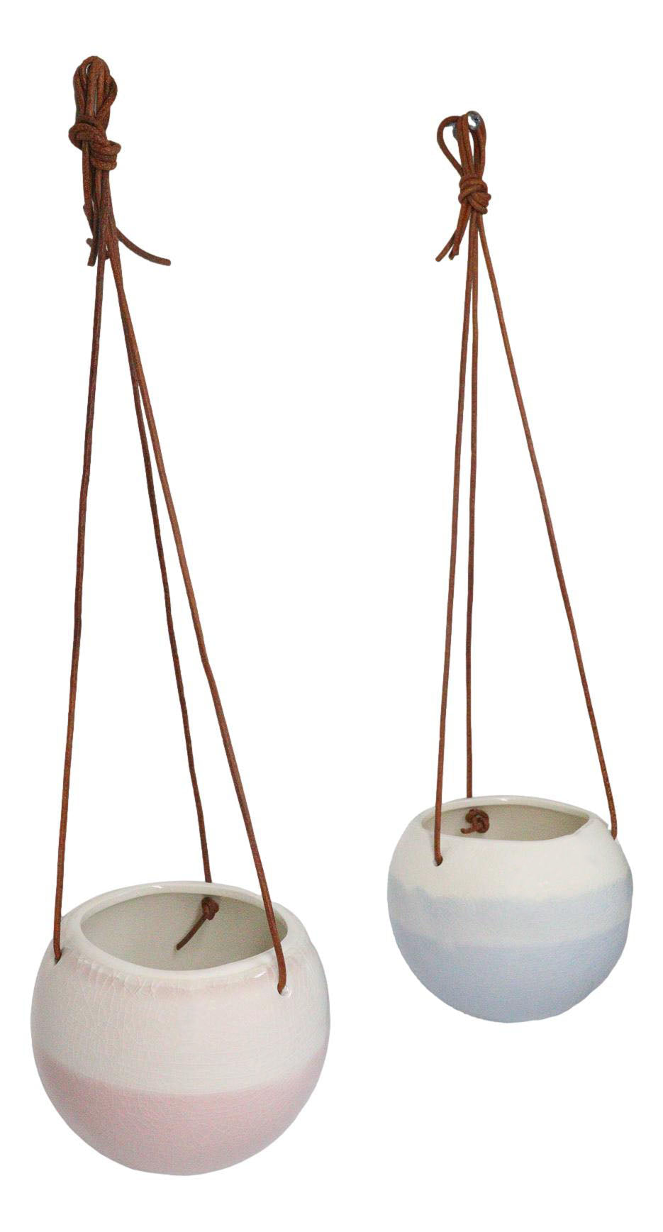 Set of 2 Pastel Blue and Pink Hanging Pot Planters With Leather Rope Strings
