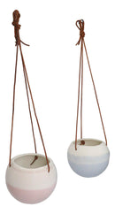 Set of 2 Pastel Blue and Pink Hanging Pot Planters With Leather Rope Strings