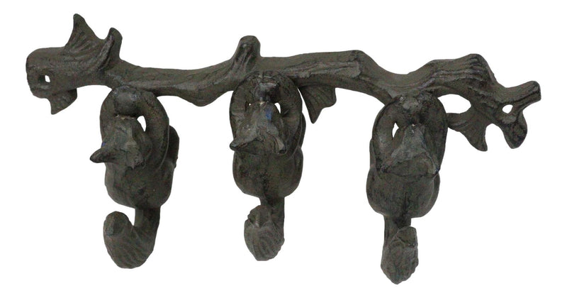 Rustic Country Cast Iron Squirrel On Tree Branch 4-Peg Wall Coat Hooks 13"L