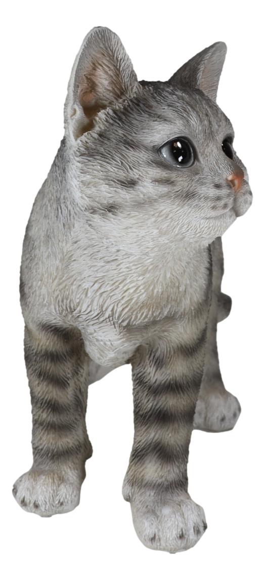 Standing Feline Gray Tabby Cat Kitten Figurine With Realistic Glass Eyes Decor