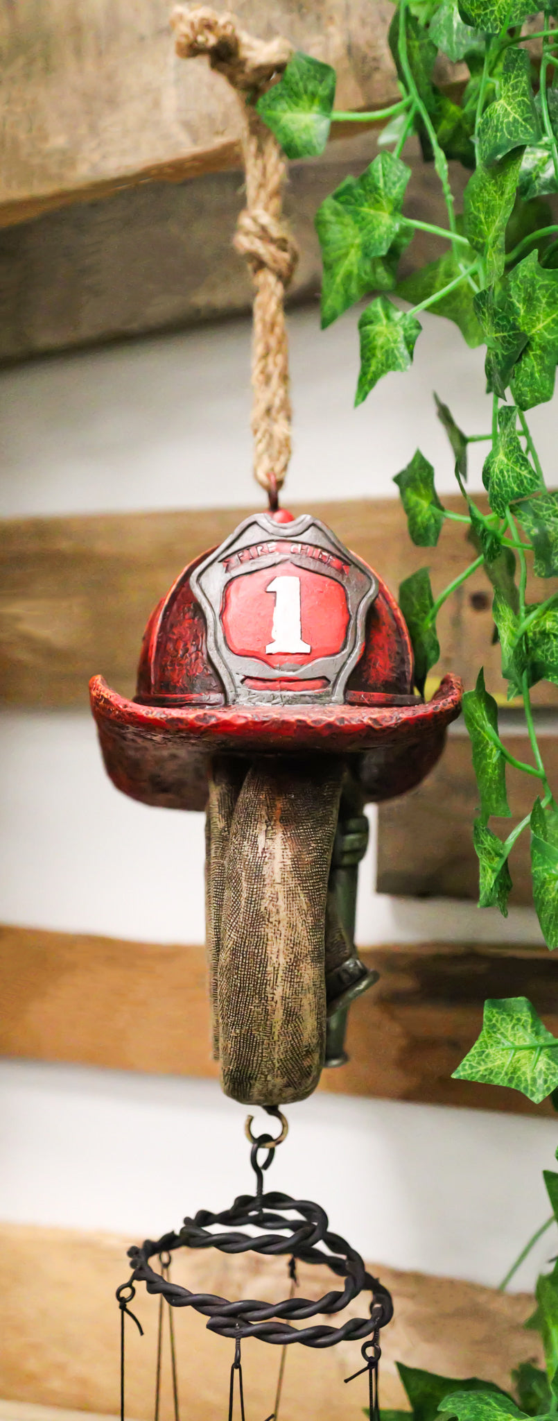 Fire Fighter Axe Fireman Station Number 1 Hat with Coiled Water Hose Wind Chime