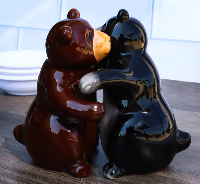 Ceramic Black And Grizzly Brown Bears Hugging Dancing Salt And Pepper Shakers