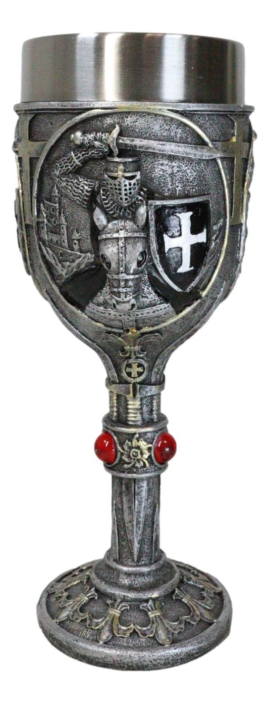 Medieval Templar Crusader Dark Knight Suit of Armor On Horse Wine Goblet Chalice - Ebros Gift
