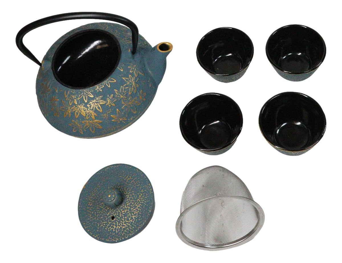 Maple Leaves Momiji Design Blue Tetsubin Cast Iron Tea Pot With 4 Cups Set 37oz