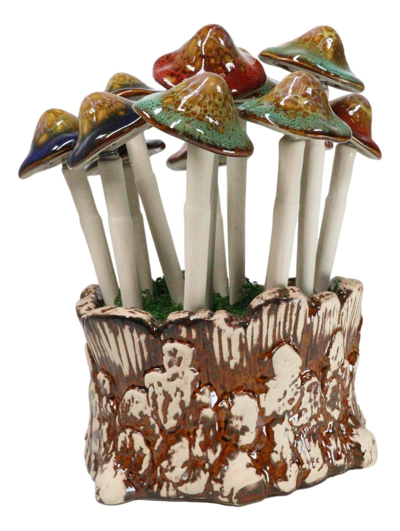 Fairy Garden Colorful 12 Piece Ceramic Mushroom Picks With Planter Holder Set