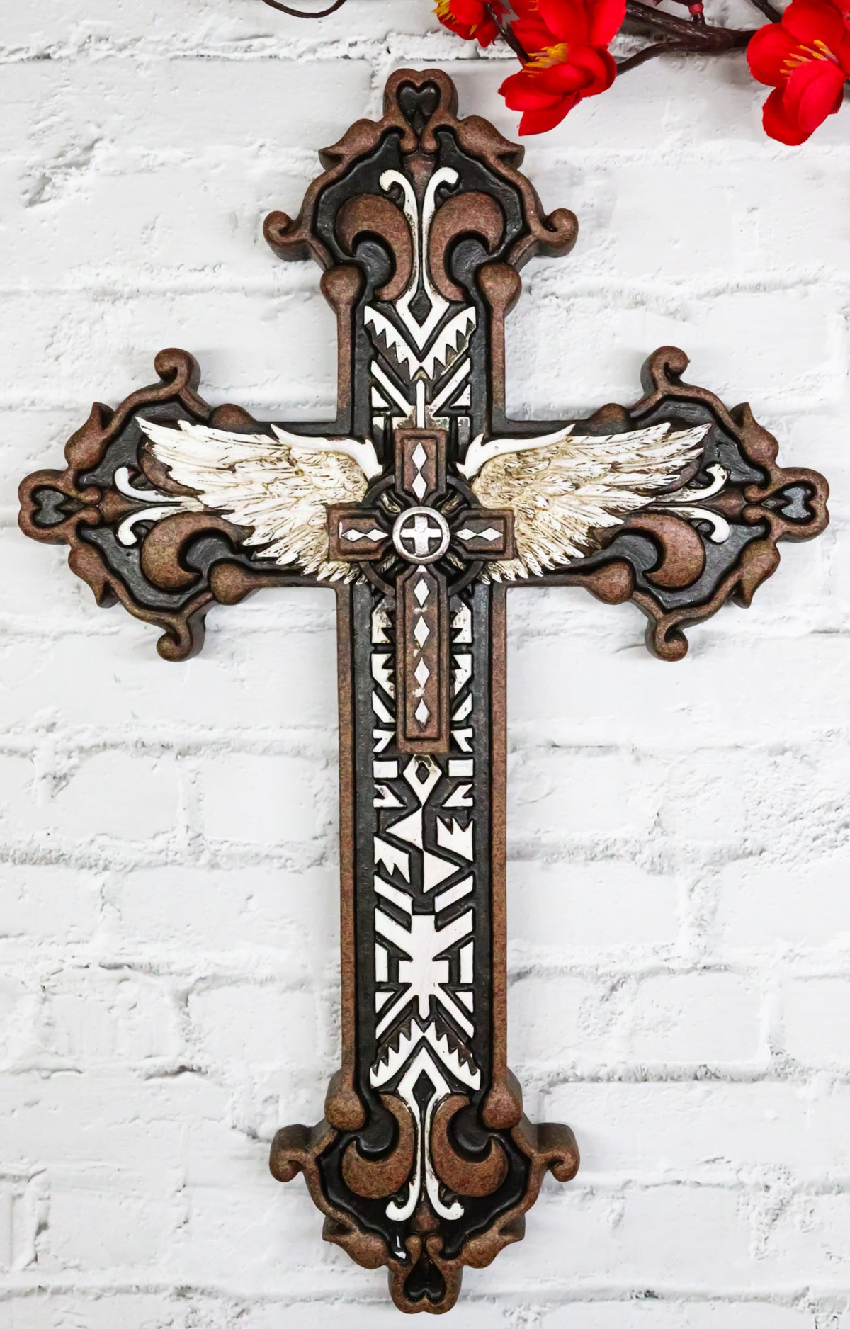 Rustic Western Mayan Aztec Ancient Symbols With Angel Wings Wall Cross Decor - Ebros Gift