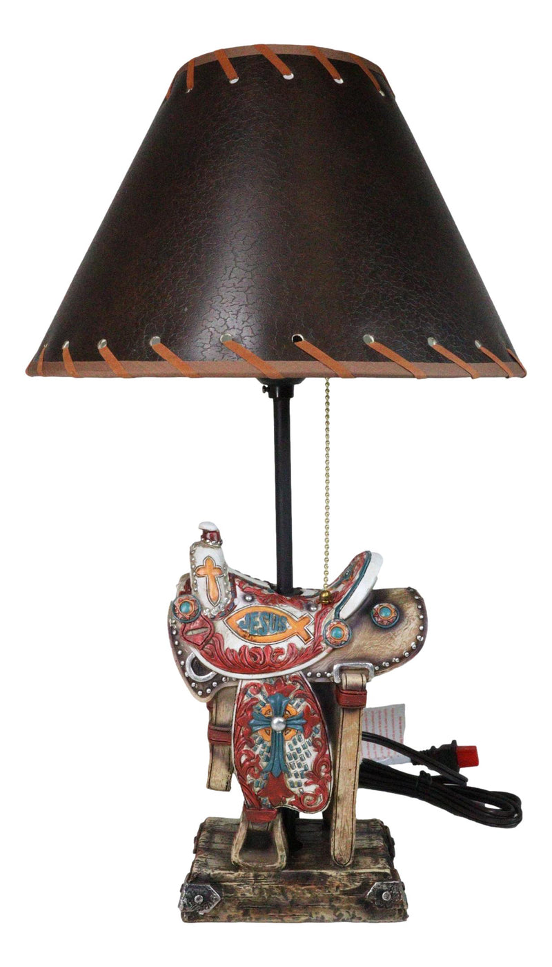 Rustic Western Cowboy Horse Saddle with Ichthys Jesus Fish Symbol Table Lamp