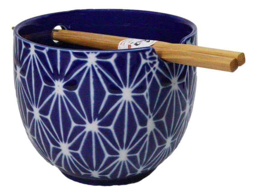 Asanoha Geometric Blue And White Donburi Ramen Soup Bowl With Chopsticks