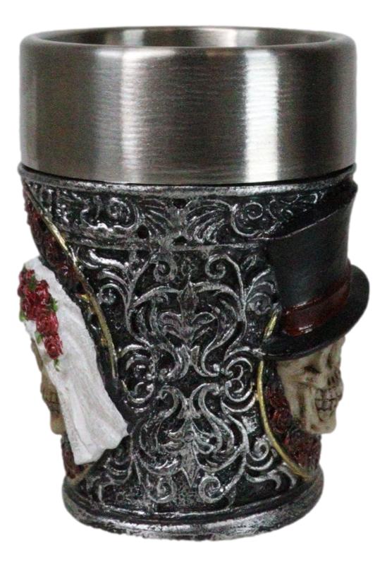 Pack of 4 Gothic Love Never Dies Skeleton Bride And Groom Shooter Shot Glasses - Ebros Gift
