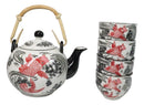 Red Black Koi Fish Porcelain 30oz Teapot With Bamboo Handle And 4 Tea Cups Set