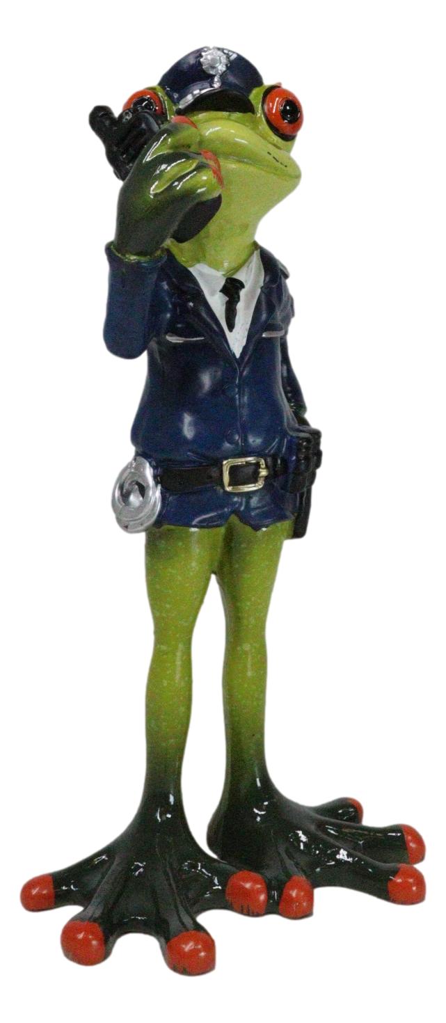 Toad In Blue Police Officer Green Frog Holding Radio Reporting For Duty Figurine