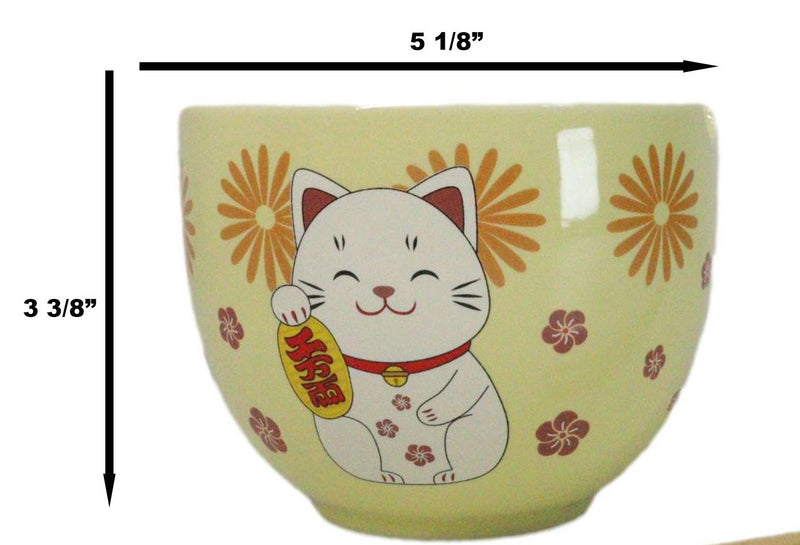 Maneki Neko Lucky Cat Yellow Ceramic Donburi Ramen Soup Bowl With Chopsticks Set