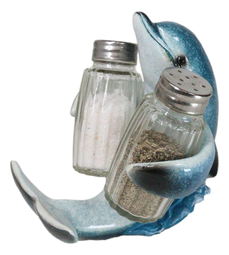 Ocean Marine Blue Dolphin Riding Sea Waves Salt And Pepper Shakers Holder Set