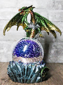 Green And Gold Armored Dragon On Rocky Cliff Edge With LED Optic Ball Figurine