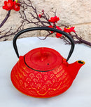 Red And Gold Traditional Ginko Tetsubin Medium Cast Iron Teapot 28oz Tea Pot