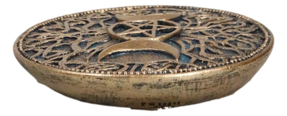 Wicca Sacred Knotwork Triple Moon Pentagram Round Incense Holder Burner