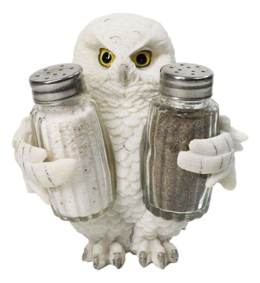 Wisdom Of The Woods Snowy White Owl Salt and Pepper Shakers Holder Set 5.5"H