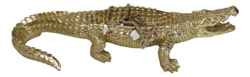 Large Gold Patina Crocodile Baring Razor Teeth Jewelry Tray Organizer Holder18"L