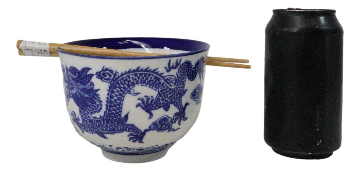 Blue White Oriental Dragon King Ceramic Donburi Ramen Bowl With Chopsticks Set - Ebros Gift