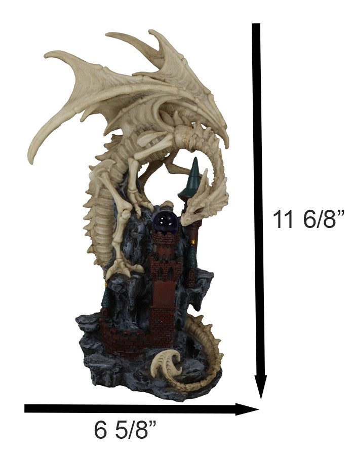 Gothic Skeleton Bone Dragon Perching On Rocky Mountain Castle Tower Figurine