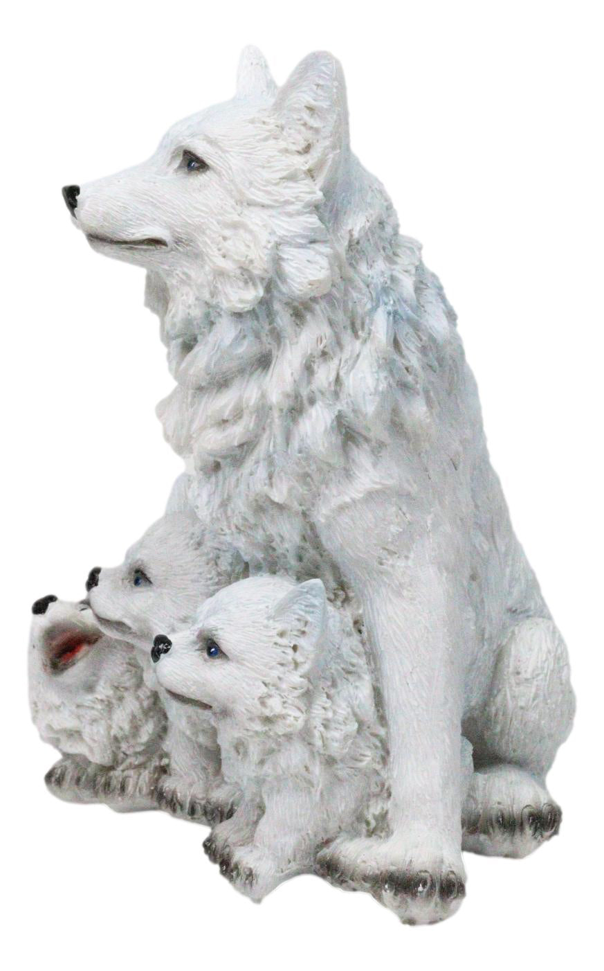 Winter Snow White Wolf Mother Sitting with 3 Adorable Cubs Family Figurine Decor