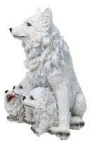 Winter Snow White Wolf Mother Sitting with 3 Adorable Cubs Family Figurine Decor