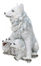 Winter Snow White Wolf Mother Sitting with 3 Adorable Cubs Family Figurine Decor