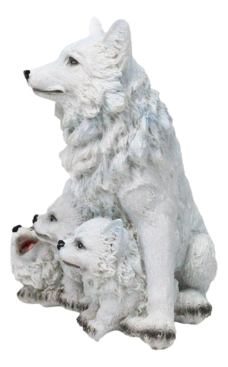Winter Snow White Wolf Mother Sitting with 3 Adorable Cubs Family Figurine Decor
