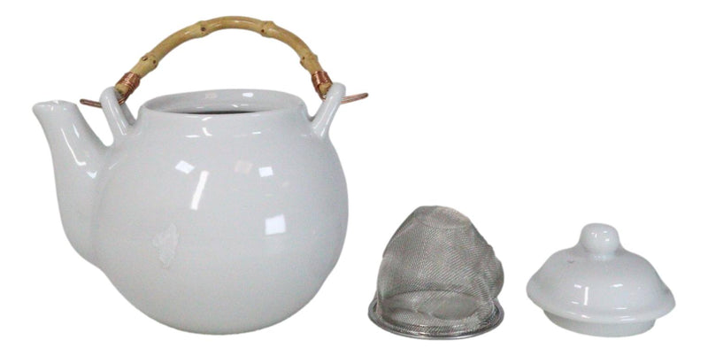 Sleek White 35oz Bone China Ceramic Tea Pot Teapot With Bamboo Handle Collection