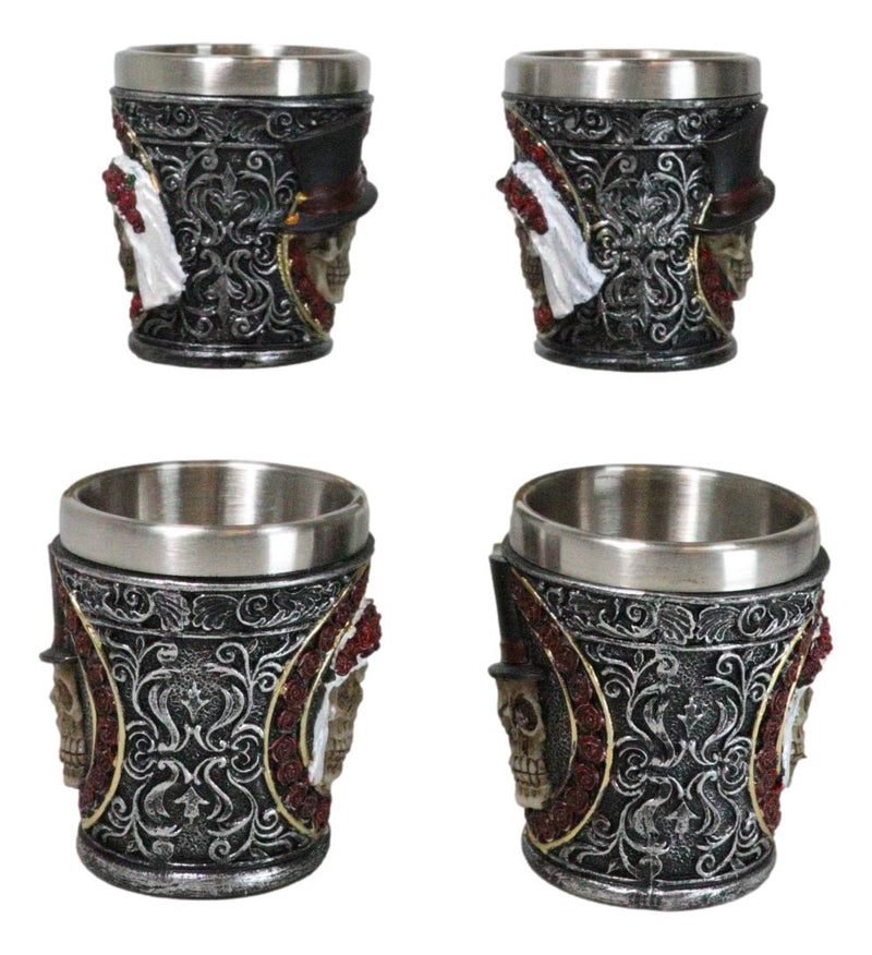 Set Of 4 Love Never Dies Wedding Couple Skulls With Red Roses Shot Glasses