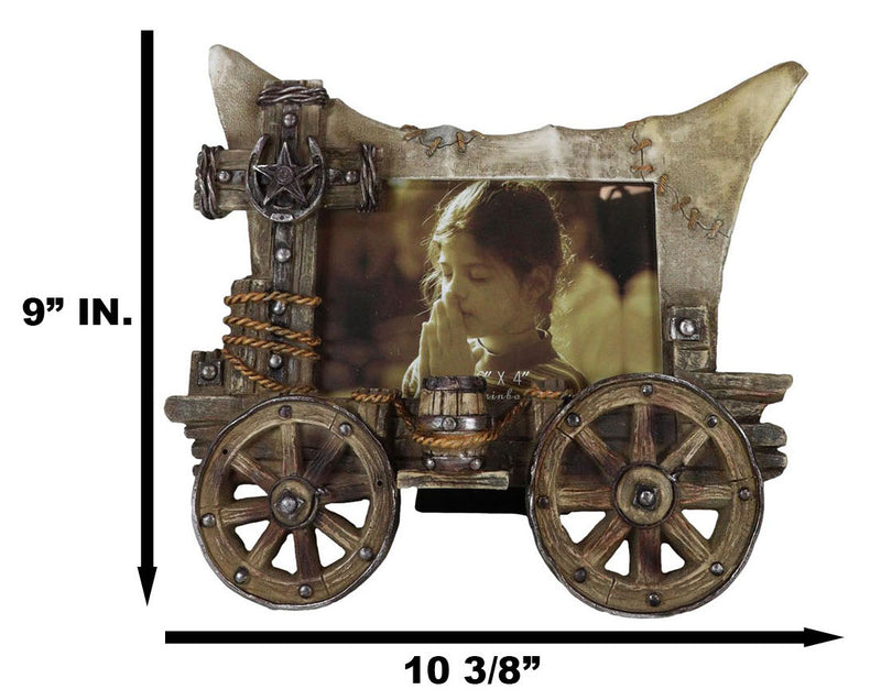 Rustic Western Covered Wagon With Wheels And Horseshoe Cross 6"X4" Picture Frame