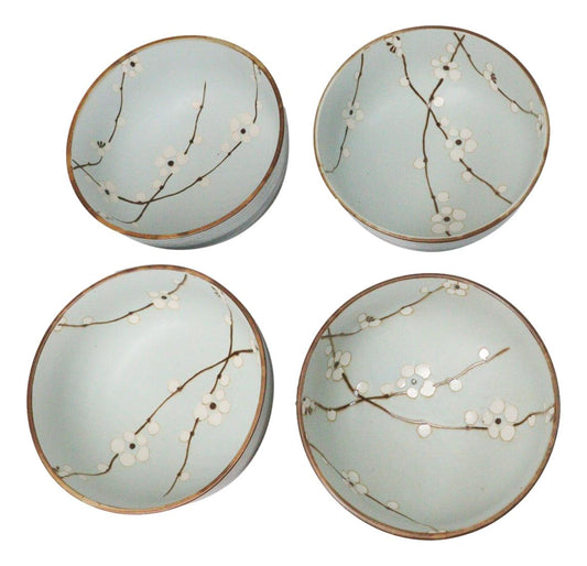 Set Of 4 Made In Japan Ceramic Soushun Sakura Blue Plum Medium Tayo Bowls 21oz