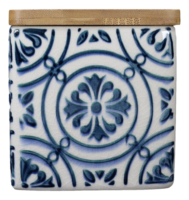 Set of 3 Ceramic Blue And White Tuscany Tiles Canister Storage Jars Bamboo Lid