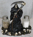 Grim Reaper Standing On Skull Graveyard Salt & Pepper Shakers Holder Set