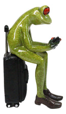 World Traveler Green Frog With Slack Shoes Sitting On Suit Case Luggage Figurine