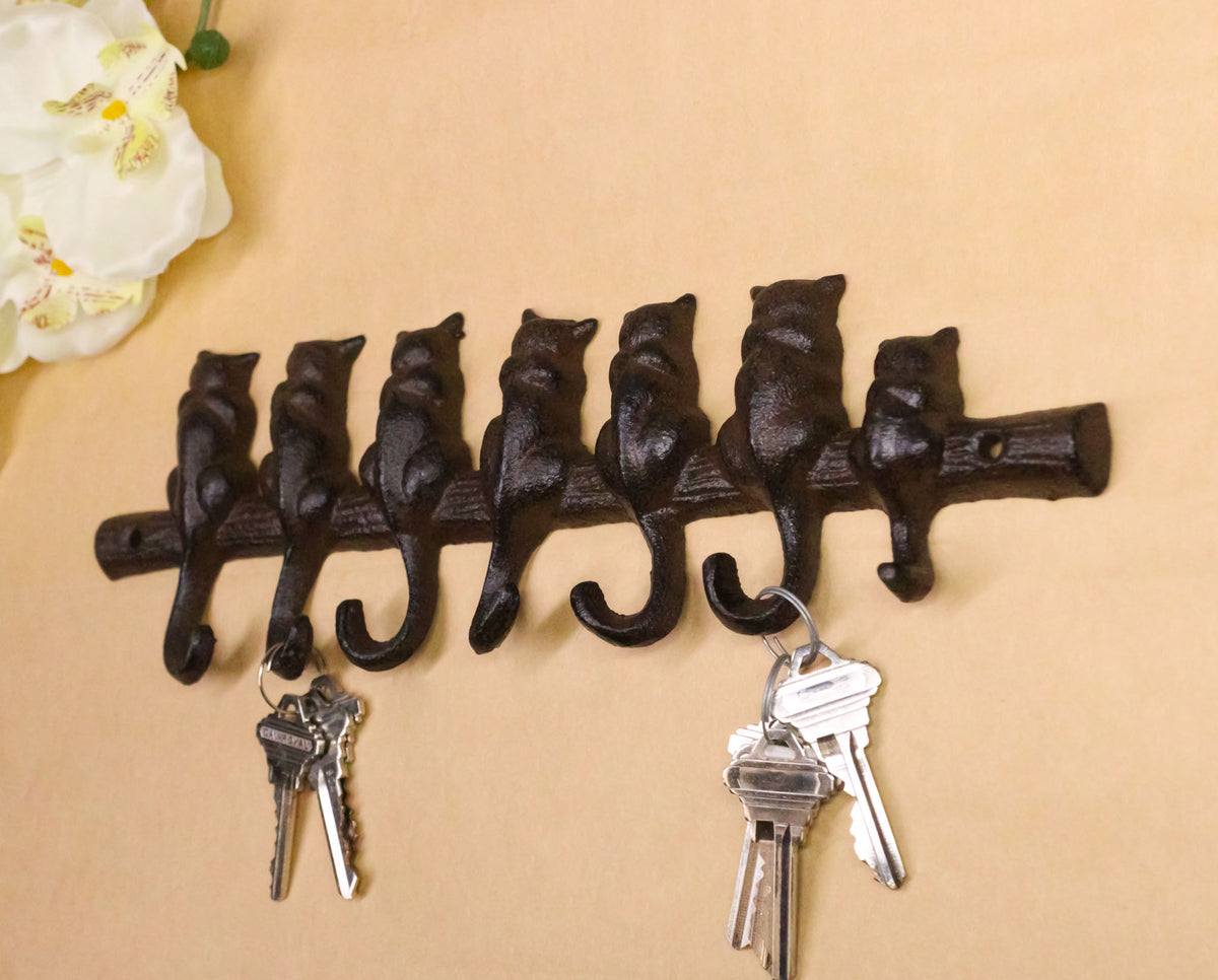 Cast Iron Rustic Abstract Feline Cats With Playful Tails 7 Pegs Wall Hooks Decor