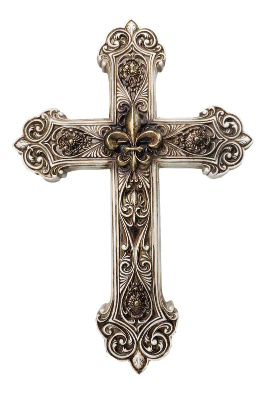 Rustic Royal French Fleur De Lis Emblem with Ornate Scrollwork Wall Cross Decor
