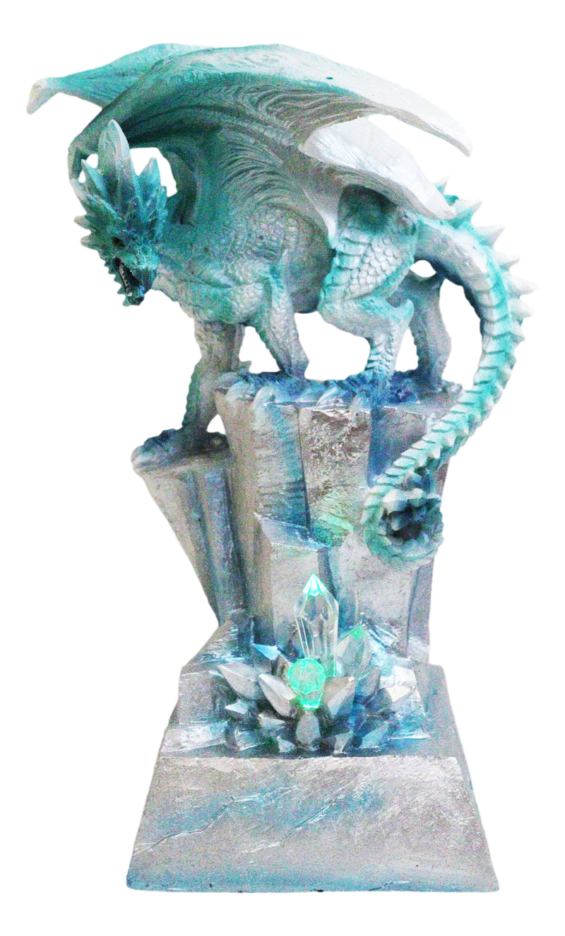 Winter White Dragon On Frozen Ice Cliff With LED Light Crystals Decor Figurine