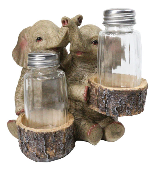 Elephant Couple with Intertwined Trunks Glass Salt and Pepper Shakers Holder