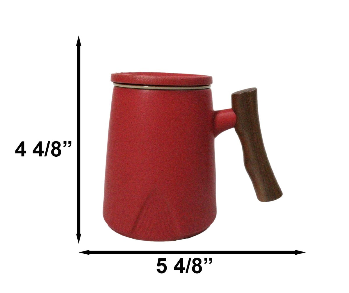Red 15 Oz Chic Porcelain Tea Mug with Wooden Handle, Lid and Infuser