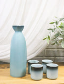 Blue Sky And Stars Seikai Porcelain Sake Carafe Flask 9oz & 4 Ochoko Cups Set