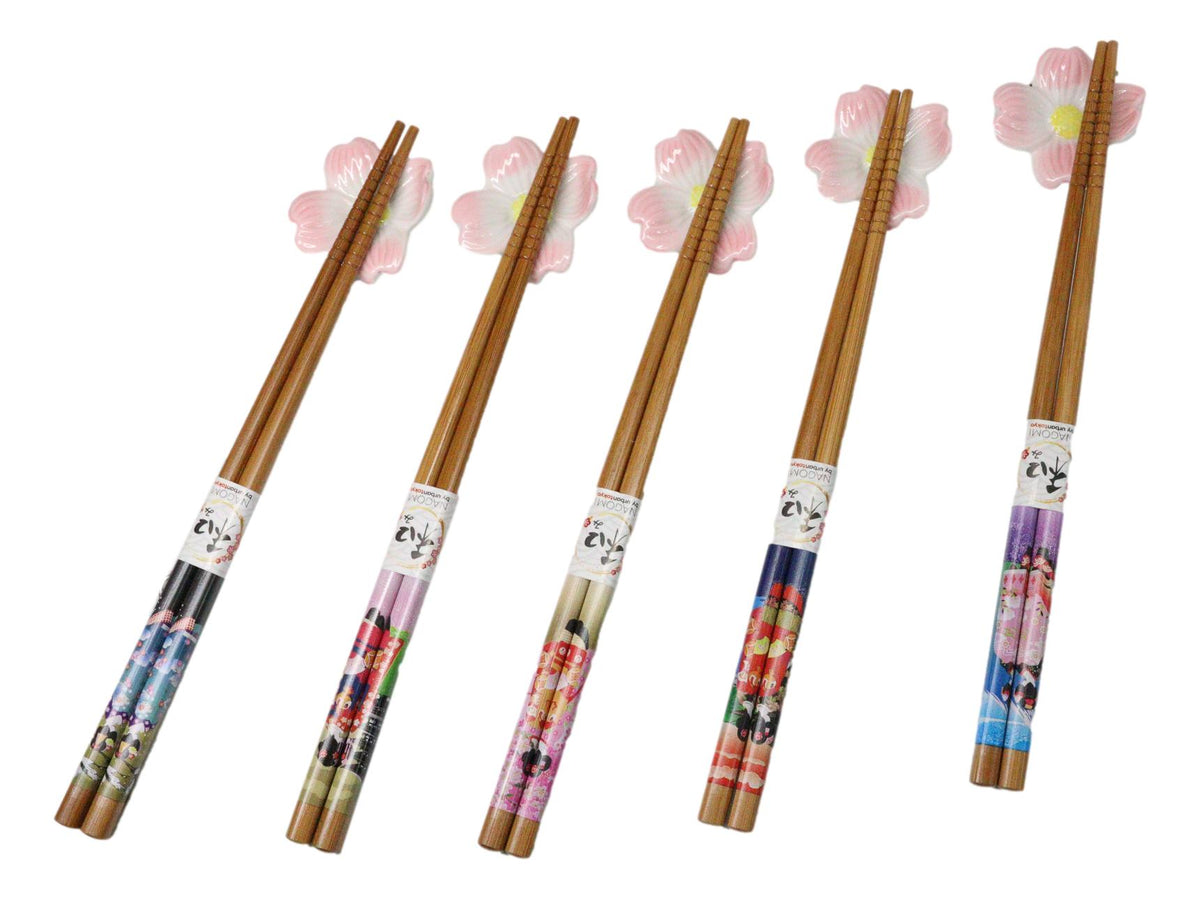 5 Pairs Of Pink Cherry Blossoms Sakura Ceramic Rests With Wooden Chopsticks Set