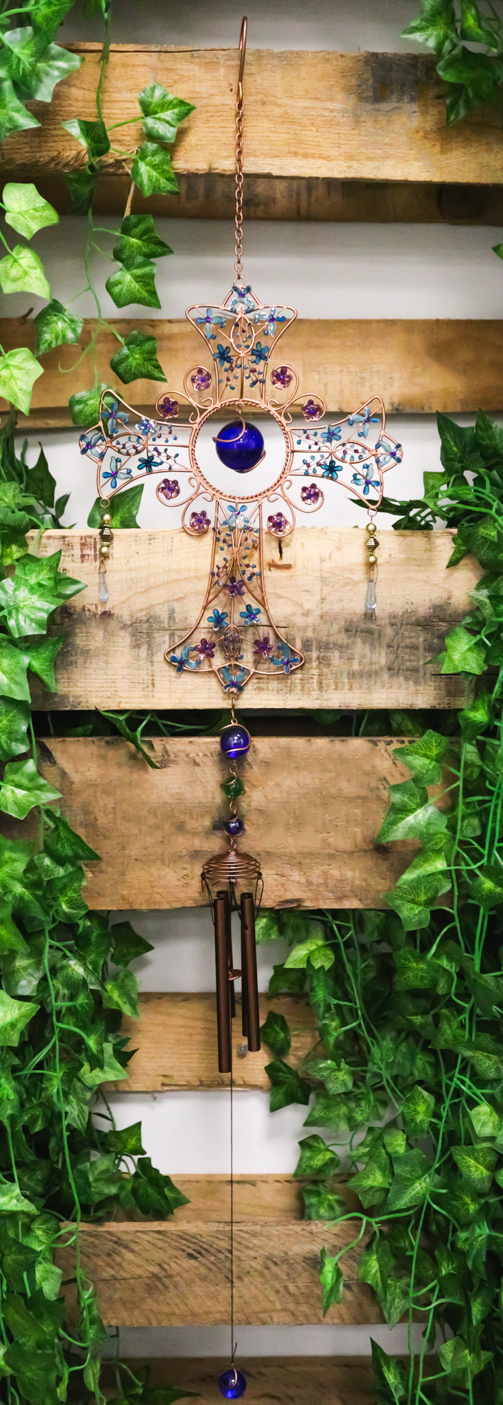 Blue Floral Scroll with Gemstones Christian Cross Art Glass Metal Wind Chime
