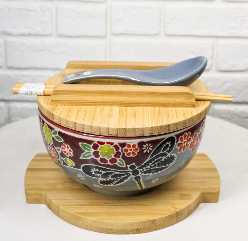 Maroon Tombo Dragonfly Donburi Ramen Bowl With Lid Trivet Spoon Chopsticks Set