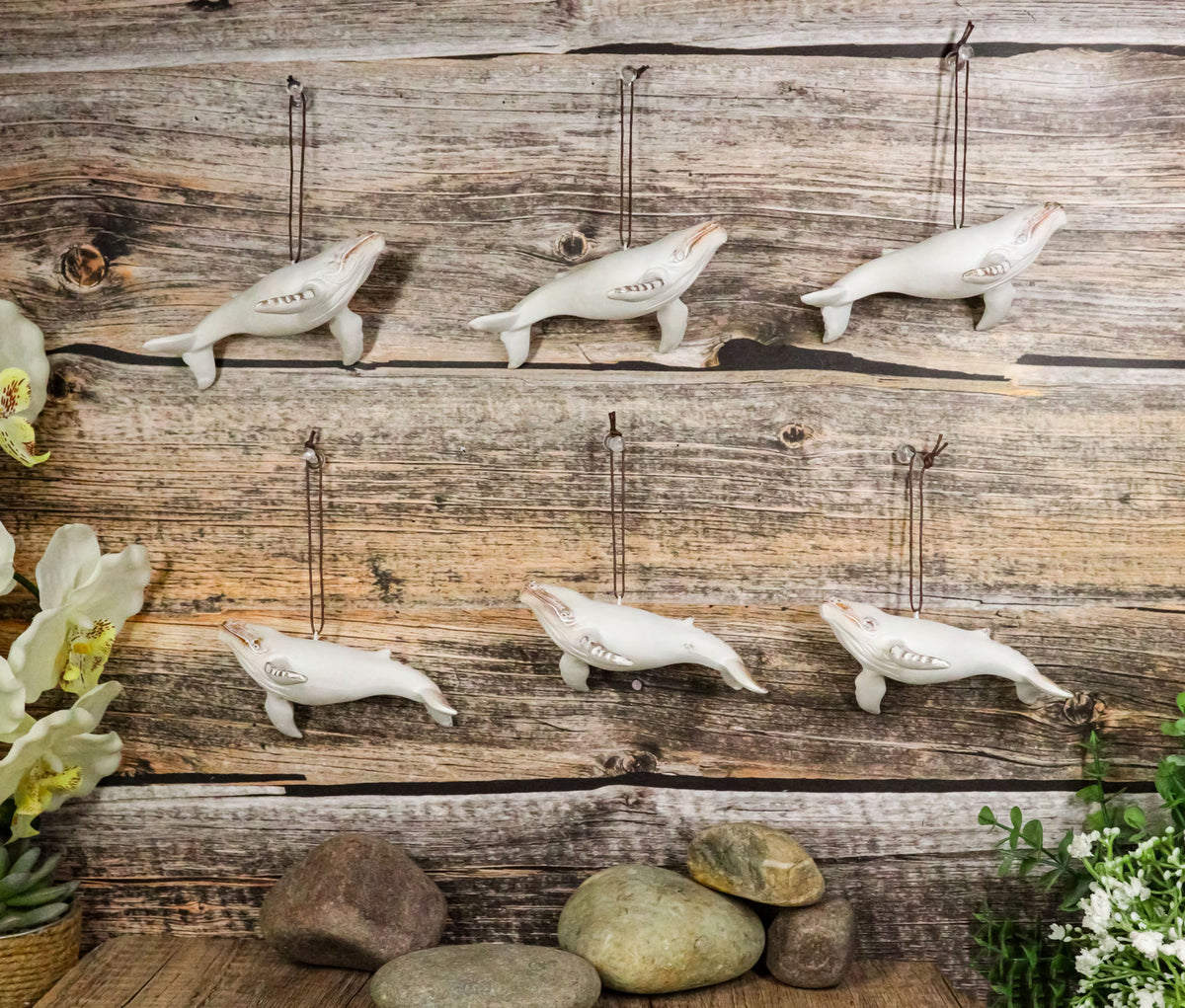 Set Of 6 Antique White Humpback Whales Ocean Marine Wall Decor Tree Ornaments