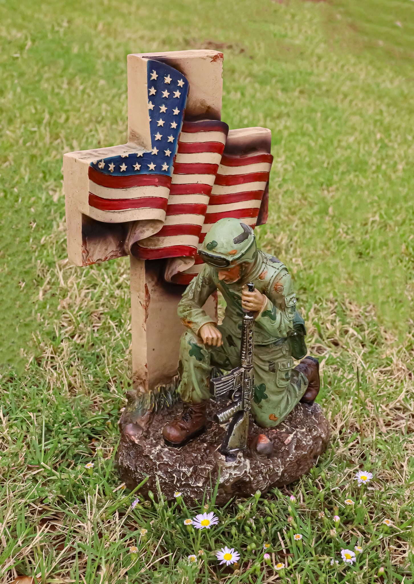 Military War Hero Soldier With Rifle By American Flag Cross