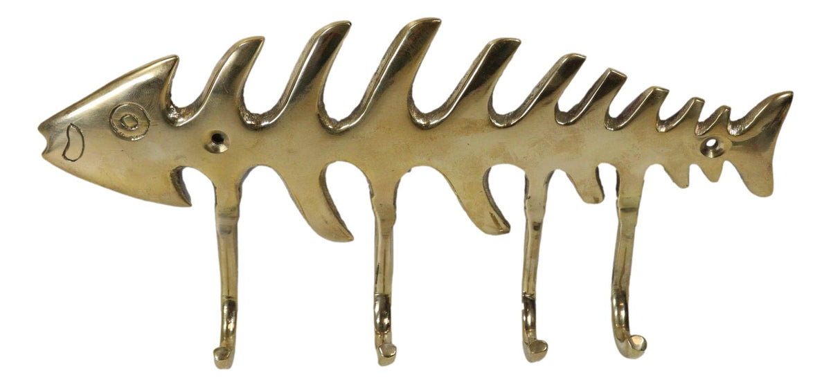 Brass Metal Golden Fishbone Fish Bone Marine Coastal 4 Peg Wall Hooks Plaque - Ebros Gift