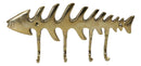 Brass Metal Golden Fishbone Fish Bone Marine Coastal 4 Peg Wall Hooks Plaque