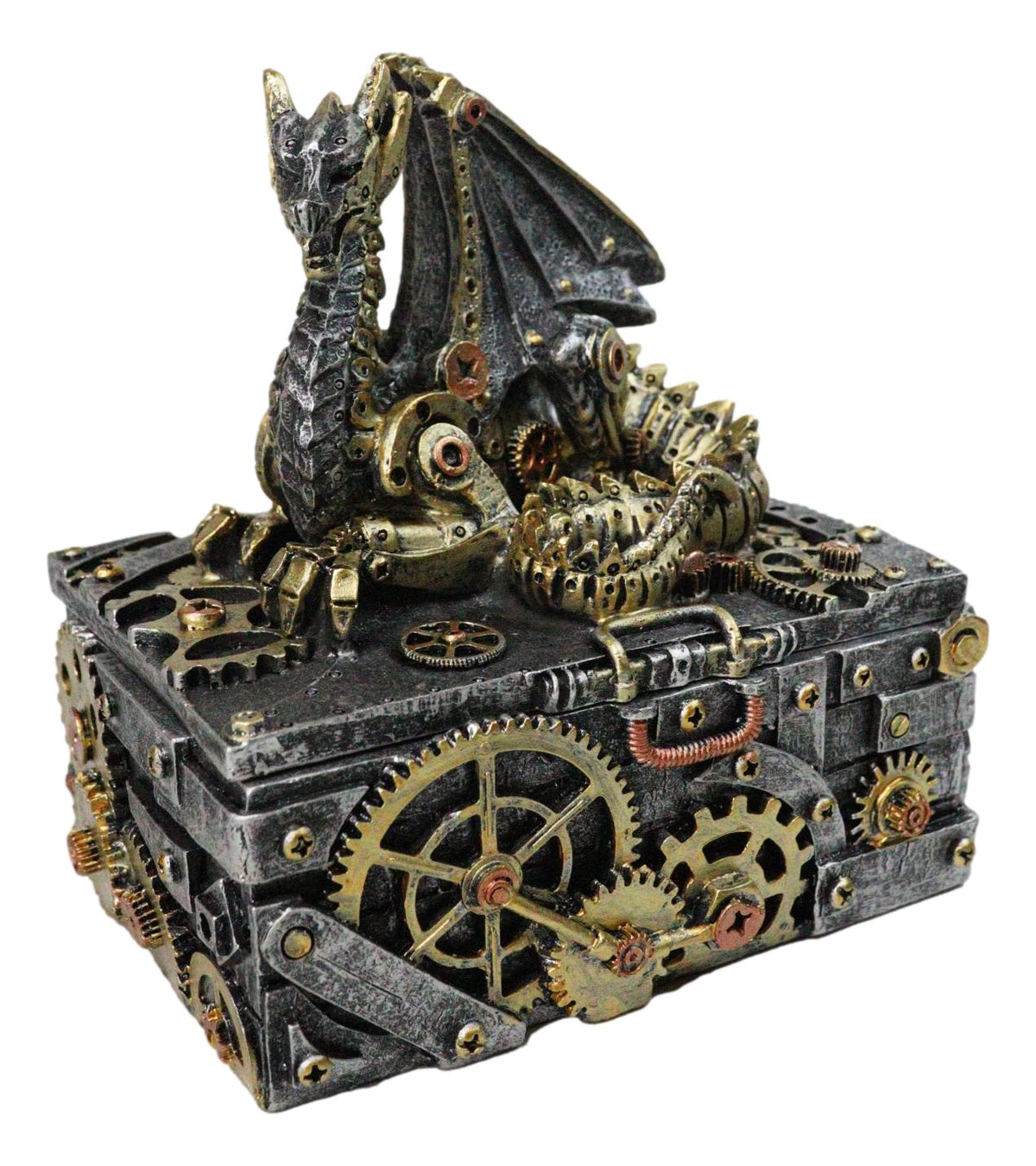 Steampunk Dragon Trinket Box Faux Gears & Pipes Clockwork Mechanical Sculpture