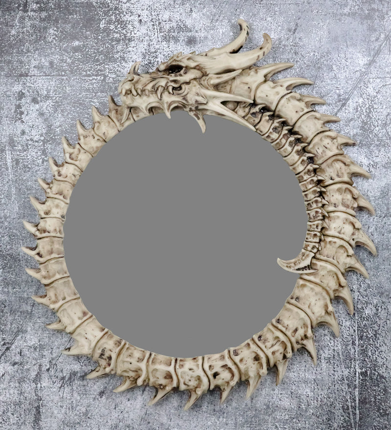 16"H Gothic Spiked Skeleton Skeletal Bone Dragon Round Wall Mirror Plaque Decor